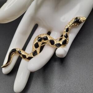 Vintage Snake Brooch, Black Enamel, Clear Rhinestones, 80s Jewelry